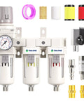 Three Stage Pneumatic Air Drying System with Three Eighths Inch NPT Port and One Eighth Inch Gauge Port, filters and fittings visible