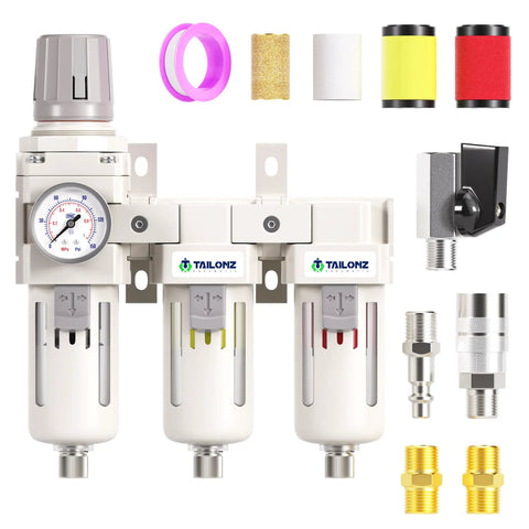 Three Stage Pneumatic Air Drying System with Three Eighths Inch NPT Port and One Eighth Inch Gauge Port, filters and fittings visible