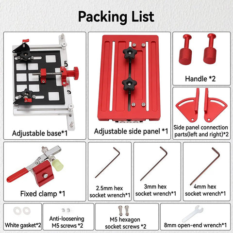 Packing list of Adjustable Aluminum Table Saw Router Table Joinery Sled With Quick Clamps including base, panel, and tools.