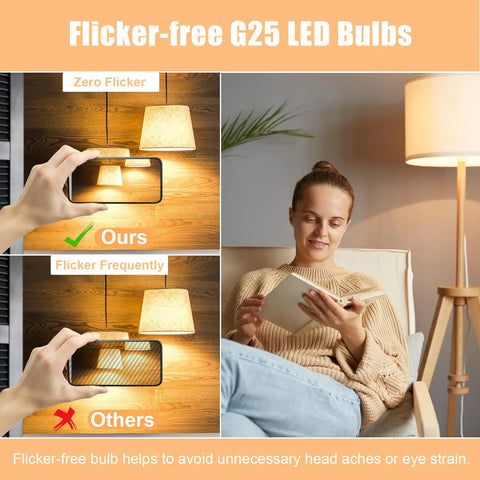 Flicker-free G25 LED Vanity Light Bulbs 5W 40W Equivalent, shown with a woman reading under warm light and comparisons.
