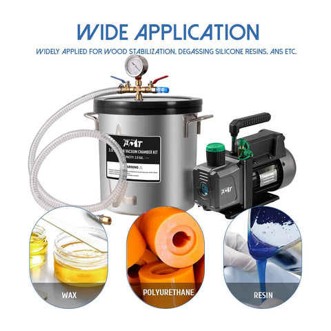 PB Motor Tech 3-Gallon Vacuum Chamber Kit with tempered glass lid and 4.5CFM pump, includes hoses and gauge.