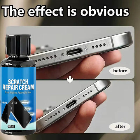 Scratch Remover Compound For Smartphone Screens With Quick Fix Technology erases scratches on metal phone edge before and after application