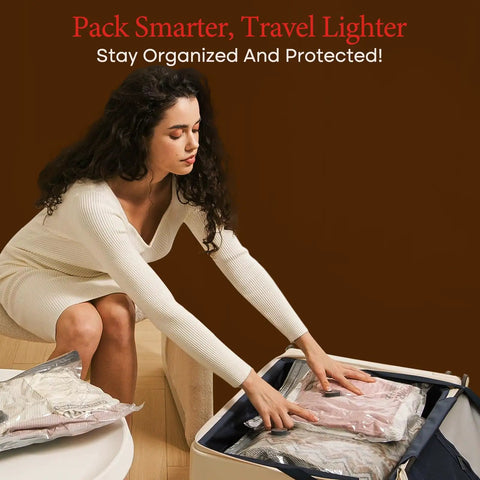 Woman using Rechargeable Cordless Travel Vacuum Pump And Compression Bags Set For Carry On Luggage in suitcase
