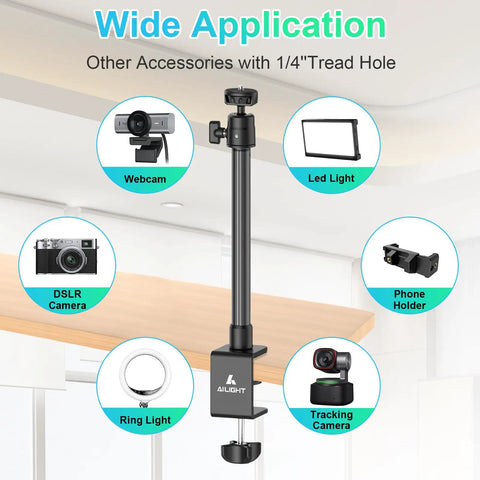 Durable Adjustable Camera Desk Mount Stand With Quarter Inch Screw And C Clamp for overhead tabletop use, showcasing accessories