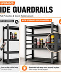 Heavy Duty Steel Storage Shelves With Anti Fall Rails For Maximum Security And Organization, Adjustable Shelves For Garage, Basement, And Pantry, Tight Tolerance Fit, Durable Construction, Easy Assembly For Instant Decluttering, side guardrails shown
