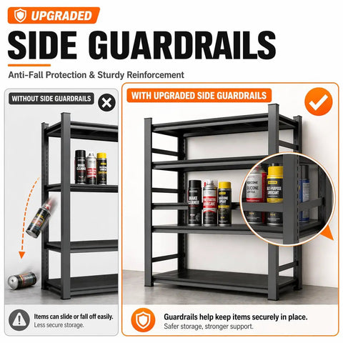 Heavy Duty Steel Storage Shelves With Anti Fall Rails For Maximum Security And Organization, Adjustable Shelves For Garage, Basement, And Pantry, Tight Tolerance Fit, Durable Construction, Easy Assembly For Instant Decluttering, side guardrails shown