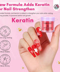 Hand holding Saviland dip powder beside product benefits text, showing red nail art using Dip Powder Nail Kit With Drill Starter Set For DIY Mani