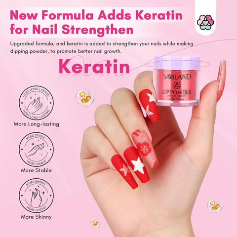 Hand holding Saviland dip powder beside product benefits text, showing red nail art using Dip Powder Nail Kit With Drill Starter Set For DIY Mani
