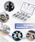 1100 PCS Flat Washers Assortment Kit in clear organizer, 304 stainless steel, M2–M12