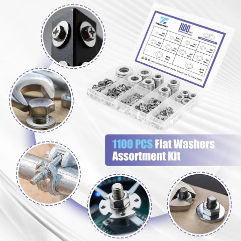 1100 PCS Flat Washers Assortment Kit in clear organizer, 304 stainless steel, M2–M12