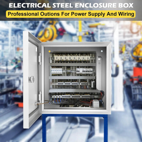 Heavy Duty Steel Electrical Junction Box 12X10X8 Inch IP66 Waterproof And Dustproof Outdoor Indoor Project Enclosure With Mounting Plate, open showing wiring.