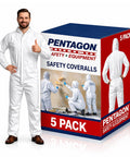 Man in Disposable Hazmat Coveralls With Hood Full Body Protective Overalls 5 Pack White 2X Large next to product box