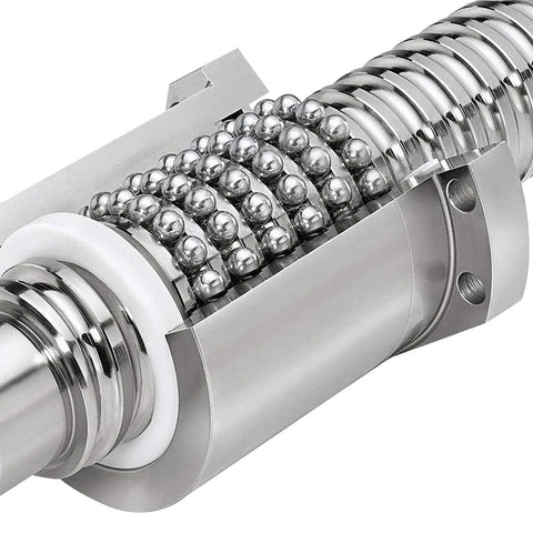 Close-up of Pro Grade Anti Backlash Ball Screw Kit SFU1605 450mm with metal deflector nut and ball nut housing.
