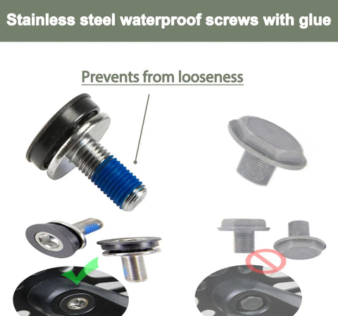 Stainless steel waterproof screw with blue glue, prevents loosening, multiple angle views showing installation and components.