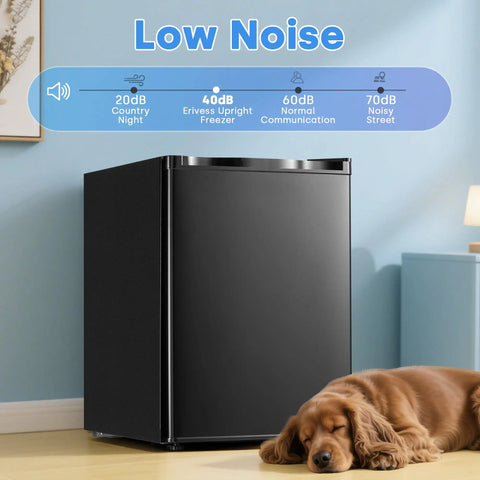 Hella Compact 2.1 Cubic Foot Upright Mini Freezer With Seven Adjustable Temperature Settings And Removable Wire Shelves For Sweet Fresh Food Storage In Dorms Or Small Apartments next to a sleeping dog.