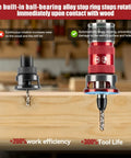 14 Piece Countersink Drill Bit Set With Self Locking Quick Adjust Depth Tct Steel Hss Bits Heavy Duty Design showcasing ball-bearing stop ring on wood.