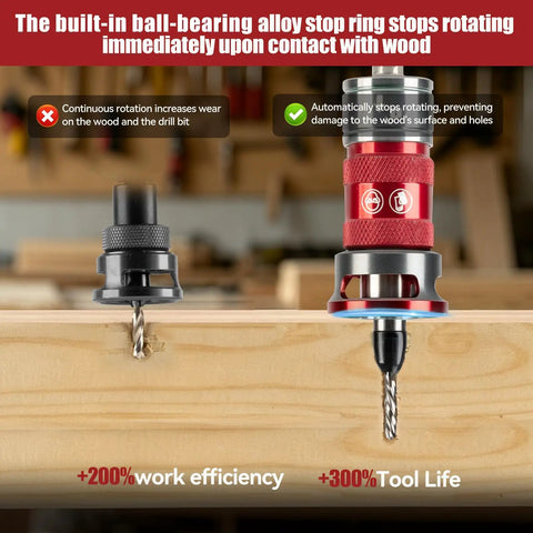 14 Piece Countersink Drill Bit Set With Self Locking Quick Adjust Depth Tct Steel Hss Bits Heavy Duty Design showcasing ball-bearing stop ring on wood.
