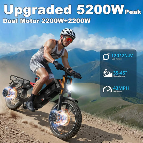 Ripping Through Dirt On This Badass 5400W Dual Motor Electric Fat Tire Bike For Adults cycling on a dirt trail with mountainous backdrop.