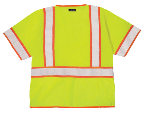 Back view of Mens Built Tough High Visibility Mesh Vest With Six Cargo Pockets And Secure Zipper Ansi Class Three in loud lime.