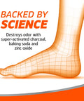 Illustration of foot with grid overlay, promoting odor control with activated charcoal, baking soda, and zinc oxide, science-backed.