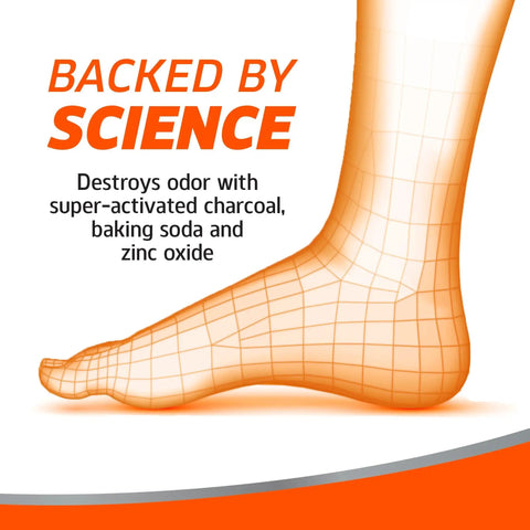 Illustration of foot with grid overlay, promoting odor control with activated charcoal, baking soda, and zinc oxide, science-backed.
