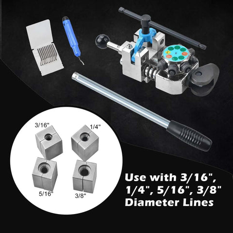 Pro Grade Brake Line Flaring Tool Kit with 37 and 45 degree flare sets for 3/16, 1/4, 5/16, 3/8 inch tubing, bubble and double flare options