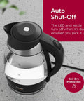 Fast Boil Electric Kettle Cordless With 1500W SpeedBoil, borosilicate glass body, auto shutoff, LED indicator on countertop