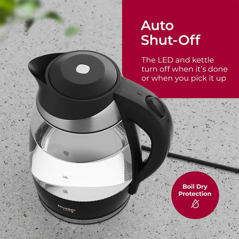 Fast Boil Electric Kettle Cordless With 1500W SpeedBoil, borosilicate glass body, auto shutoff, LED indicator on countertop