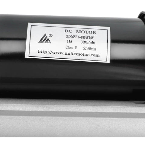 DC motor label on black housing showing model ZD068B1-180W24V, 11A, 3000 r/min
