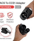 NACS To CCS1 Adapter being held, showcasing seamless connection with protective features for fast charging.