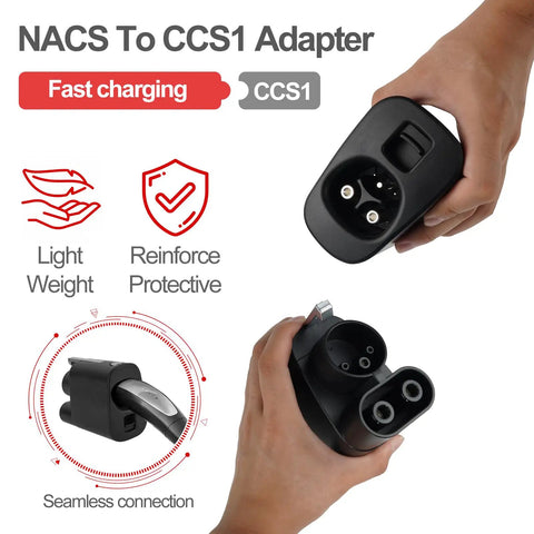 NACS To CCS1 Adapter being held, showcasing seamless connection with protective features for fast charging.