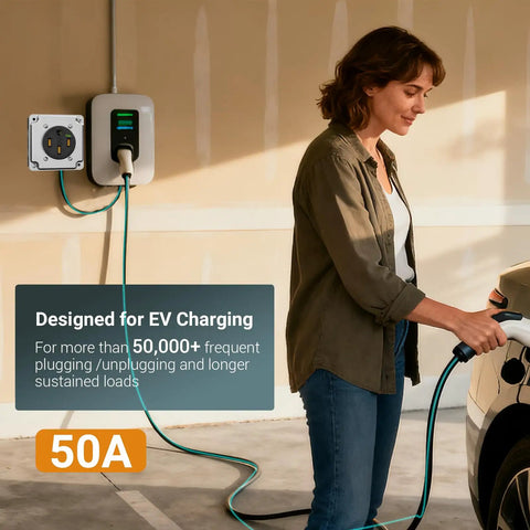 Nema 14-50 EV Outlet Kit For Surface Mount Box 50 Amp EV Charging Receptacle Heavy Duty Industrial Grade 3 Pole 4 Wire Grounding 50A 125 250V ETL Listed Black installed in garage with EV charger