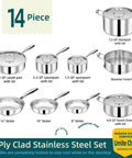 14 piece stainless steel cookware set with pots, pans, and lids displayed
