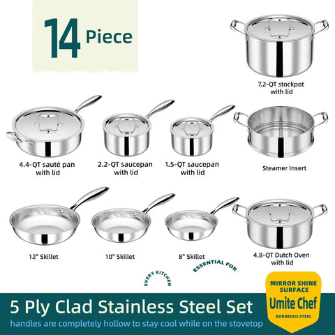 14 piece stainless steel cookware set with pots, pans, and lids displayed