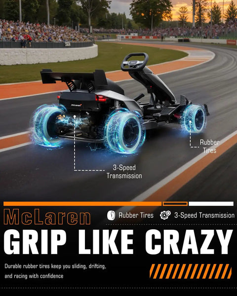 McLaren Licensed 48V Electric Go Kart for Teens 14 Plus with handbrake and 3 speed transmission on track with rubber tires