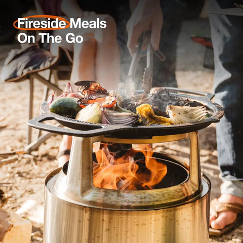 Outdoor cooking with Bonfire Grill Top And Hub Cast Iron Cooktop With Stainless Steel Hub for fire pit, vegetables grilling.