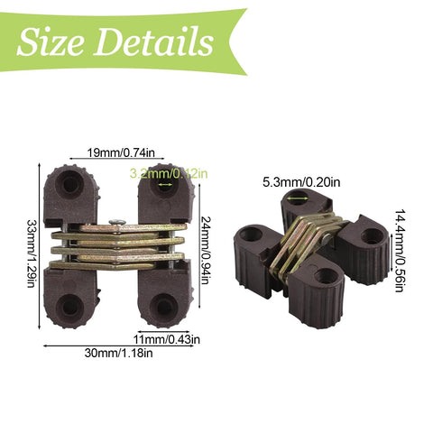 Size details of Hidden Barrel Cross Hinges 6 Pack for Cabinets and Tables with durable plastic and metal construction.