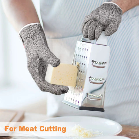 Person grating cheese wearing Six Pairs Cut Resistant Gloves Level 5 Protection For Kitchen Prep And DIY Heavy Duty Food Handling Shucking Fish And Precise Cutting Grip Safe Medium Size Anti Cut Kitchen Safety Gloves.