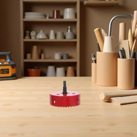 Bi Metal Hole Saw Kit For Four And A Quarter Inch with red drill bit on wooden table in workshop, surrounded by tools and shelves.