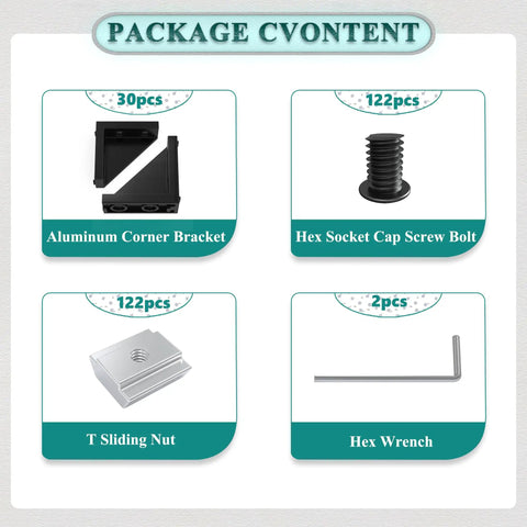 2040 Aluminum Extrusion Connector Kit For 20x20mm Frames With 30 Black Corner Brackets 122 M5 T Nuts 122 Screws And 2 Wrenches package content