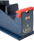 The Real Deal Heavy Steel Desktop Tape Dispenser Handles Up To Two Inch Packing Rolls With Three Inch Core And Delivers Smooth One Handed Cutting Plus Super Grippy Non Slip Workstation Base, detail of sharp knife caution.