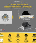 3 Inch Gimbal Square Canless LED Recessed Light Kit With 5 Color Temp Options 2700K To 5000K IC Rated Airtight 600 Lumen Dimmable