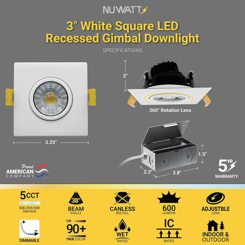 3 Inch Gimbal Square Canless LED Recessed Light Kit With 5 Color Temp Options 2700K To 5000K IC Rated Airtight 600 Lumen Dimmable