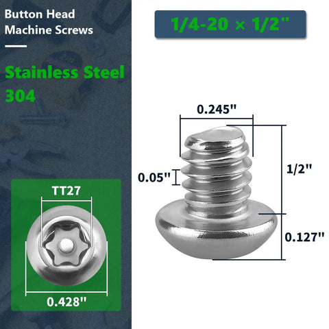 Tough As Nails 1/4-20 X 1/2 Inch Torx Security Machine Screws 304 Stainless Steel Button Head, dimensions and TT27 bit.