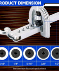 All In One Brake Line Flaring Tool Kit With Tubing Cutter For Copper Aluminum Brass Magnesium And Soft Steel Includes Five Flaring Dies For Three Sixteenths To One Half Inch And A Yoke For 45 Degree Flare Repairs dimensions and dies