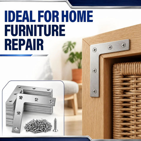 40 Pcs L Shaped Stainless Steel Corner Braces With 200 Mounting Screws on furniture corner with closeup of hardware