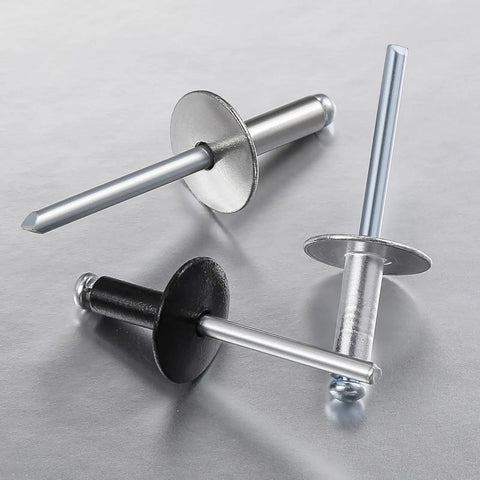 Dead Set Heavy Duty Black Aluminum Pop Rivets 3/16 X 1/2 Inch Large Cap showing various colors and styles on gray background.