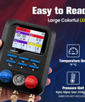 Pro Grade Digital HVAC Manifold Gauge Kit With 113 Refrigerants Database Dual Pressure And Temperature Display Fast Selection For Quick Diagnosis Supports R454B R410A R32 R134A R1234yf R22 And More Ideal For Techs And DIY Pros. hand-held digital HVAC manifold gauge with LED screen and low/high ports
