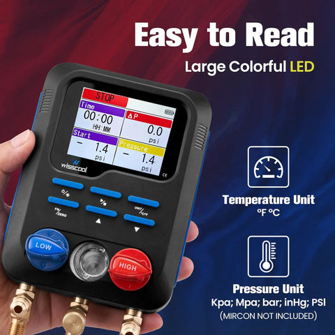 Pro Grade Digital HVAC Manifold Gauge Kit With 113 Refrigerants Database Dual Pressure And Temperature Display Fast Selection For Quick Diagnosis Supports R454B R410A R32 R134A R1234yf R22 And More Ideal For Techs And DIY Pros. hand-held digital HVAC manifold gauge with LED screen and low/high ports