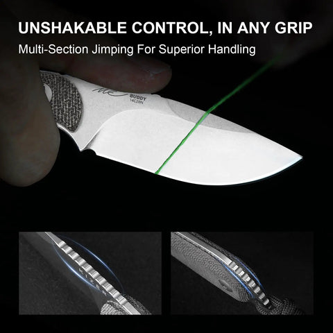 Close-up of Buddy Fixed Blade Knife With 3 Inch D2 Steel Blade, Olive Green Micarta Handle highlighting jimping and sheath details, 1081M1.